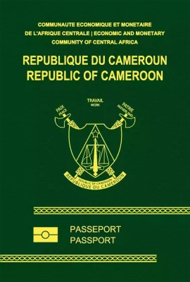 Passport with Cameroon visa stamp and travel documents on a desk